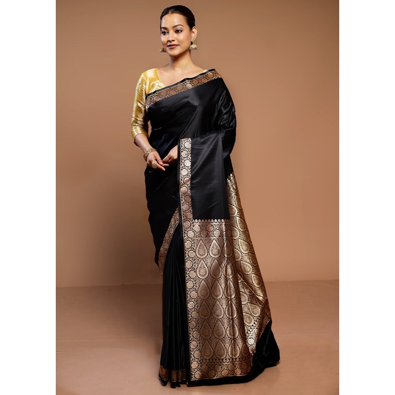 Black Banarasi Silk Saree With Blouse Piece - JD986589356