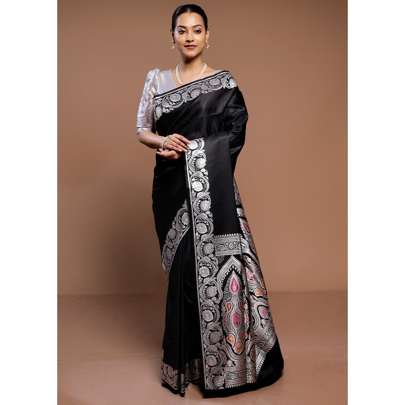 Black Handloom Banarasi Pure Silk Saree With Blouse Piece - JD986589355