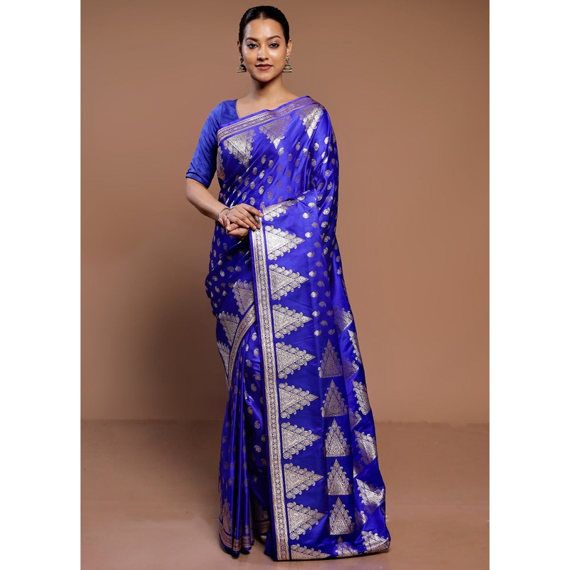 Blue Banarasi Silk Saree With Blouse Piece - JD986589353