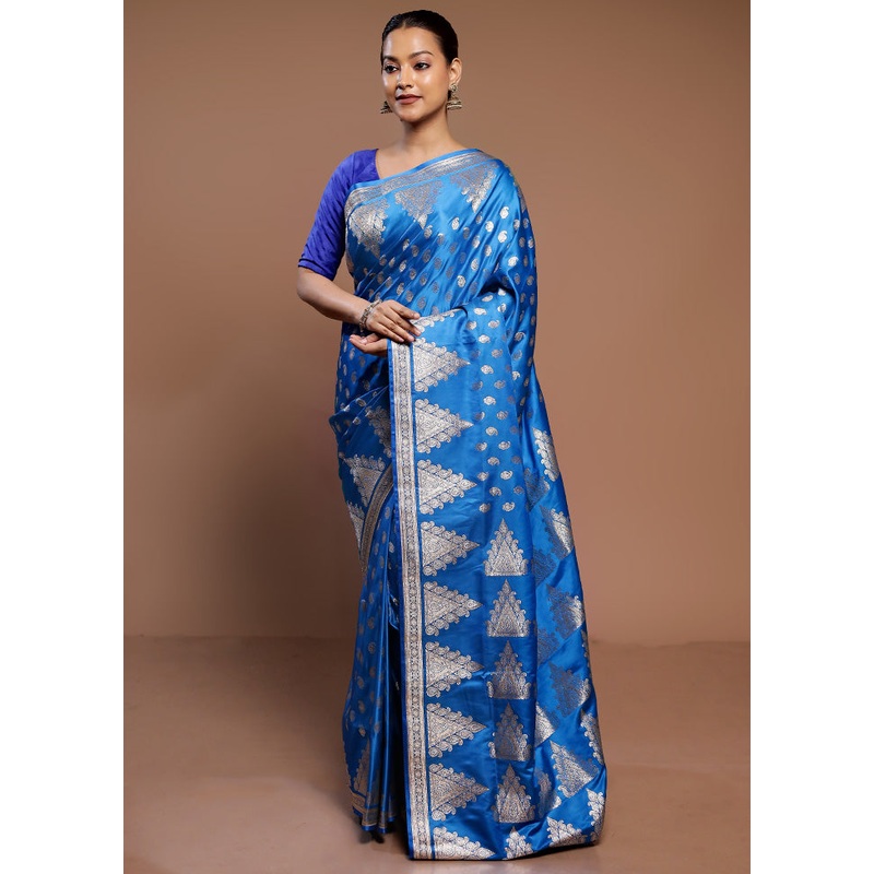 Blue Banarasi Silk Saree With Blouse Piece - JD986589354