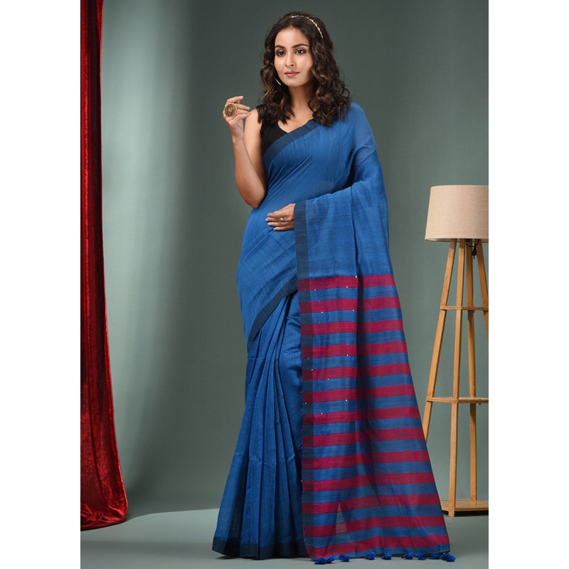 Blue Cotton Saree With Blouse Piece - JD986589275