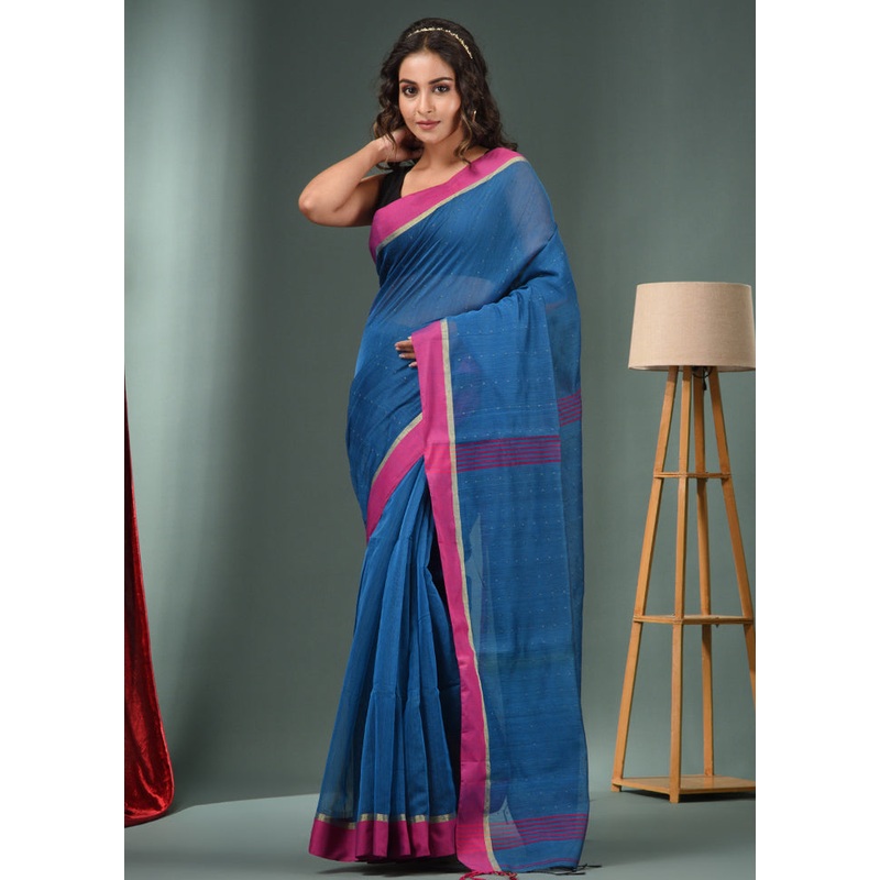 Blue Cotton Saree With Blouse Piece - JD986589276
