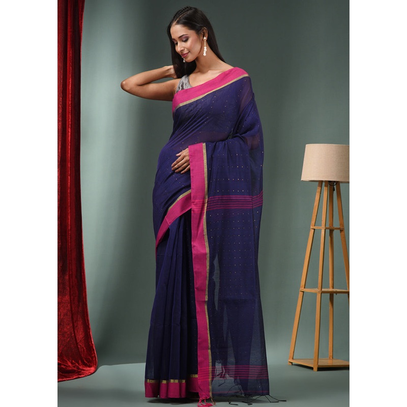 Blue Cotton Saree With Blouse Piece - JD986589277