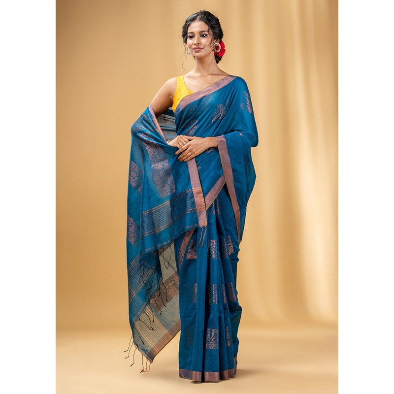 Blue Cotton Saree With Blouse Piece - JD986589278