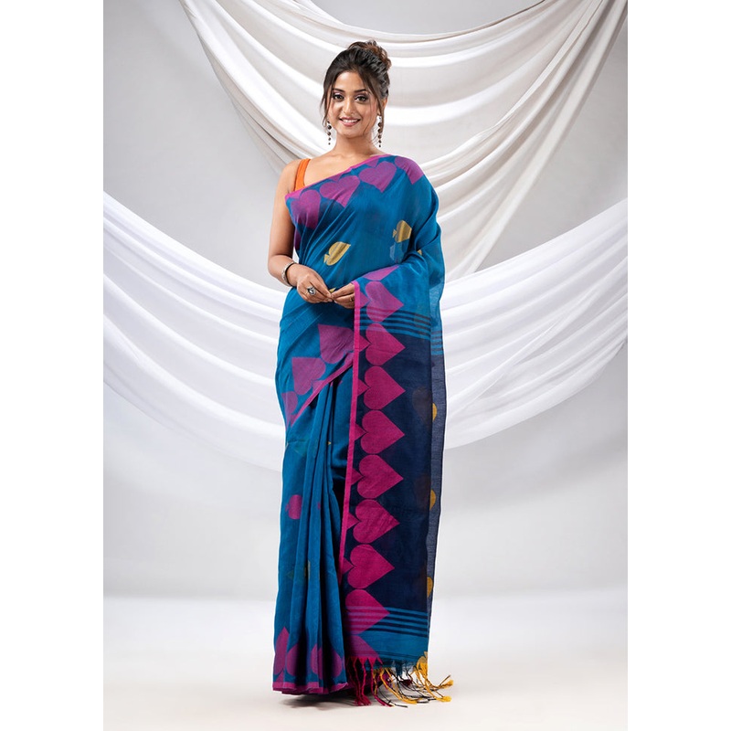 Blue Cotton Saree With Blouse Piece - JD986589279