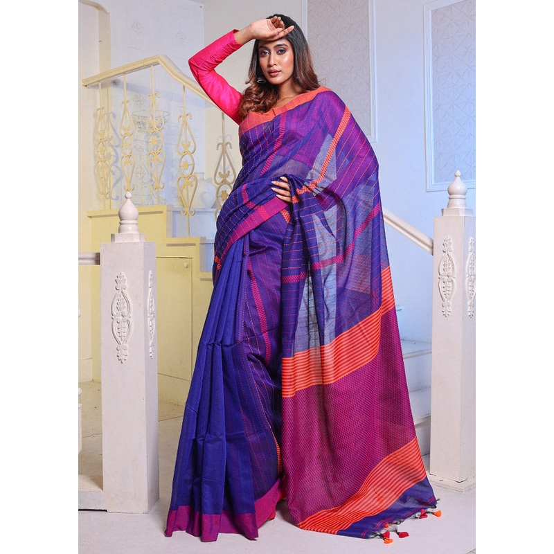 Blue Cotton Saree With Blouse Piece - JD986589280