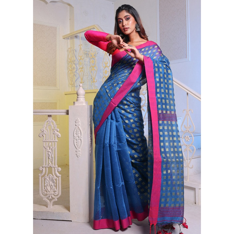 Blue Cotton Saree With Blouse Piece - JD986589281