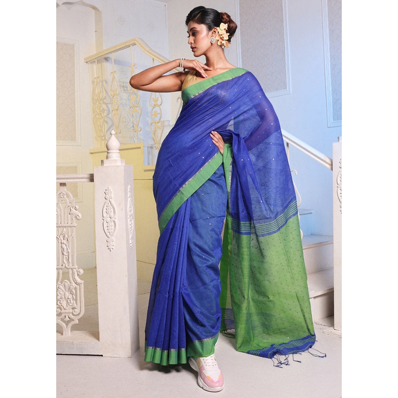 Blue Cotton Saree With Blouse Piece - JD986589282
