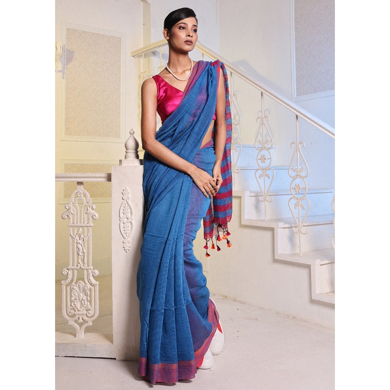Blue Cotton Saree With Blouse Piece - JD986589283