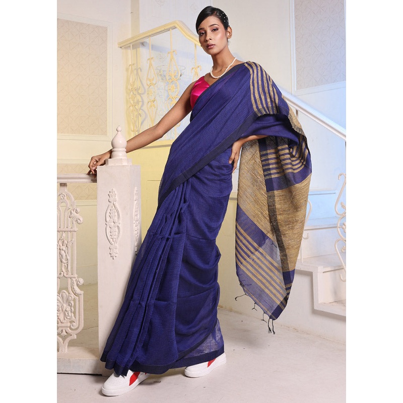 Blue Cotton Saree With Blouse Piece - JD986589284