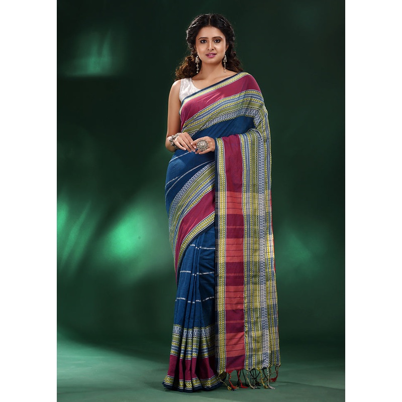 Blue Cotton Saree With Blouse Piece - JD986589285