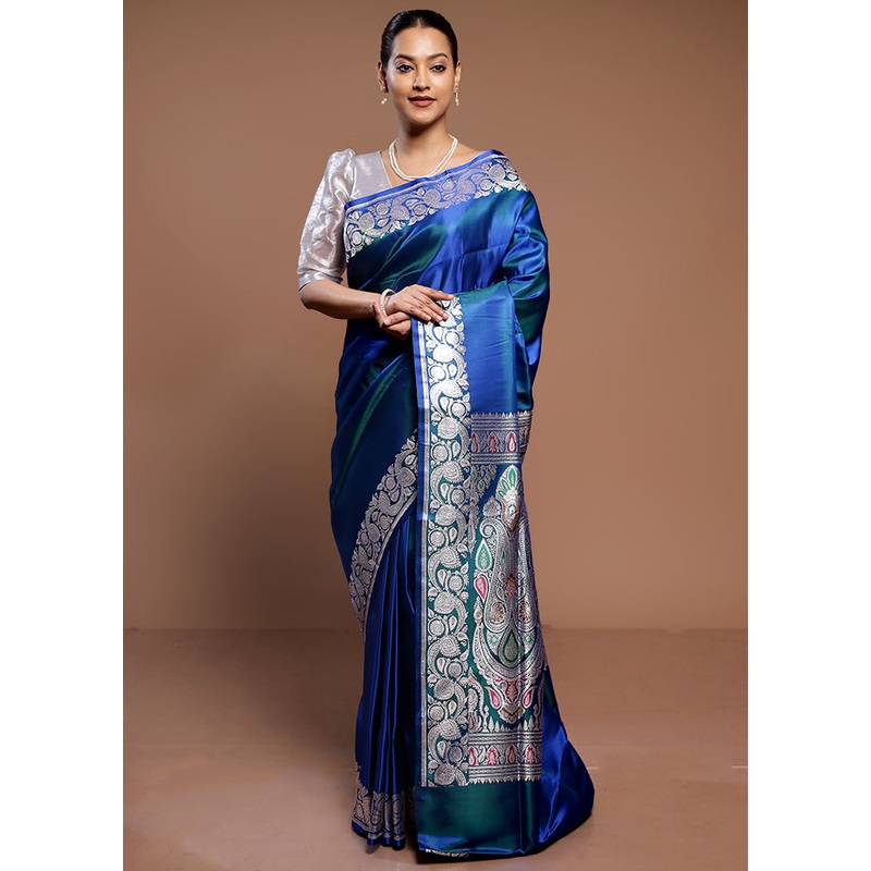 Blue Handloom Banarasi Pure Silk Saree With Blouse Piece - JD986589348