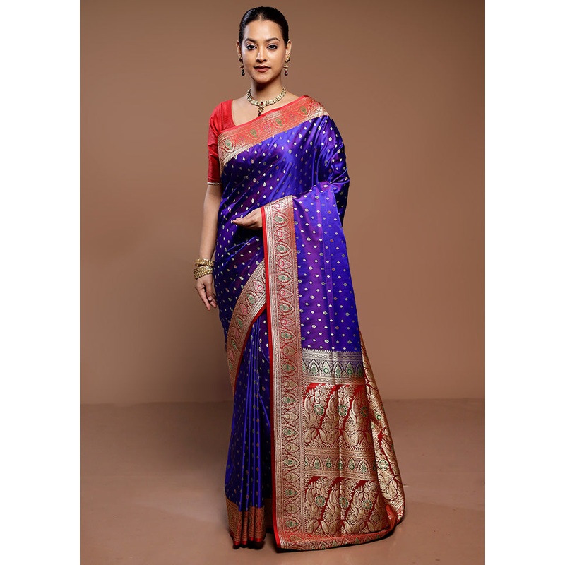 Blue Handloom Banarasi Pure Silk Saree With Blouse Piece - JD986589349