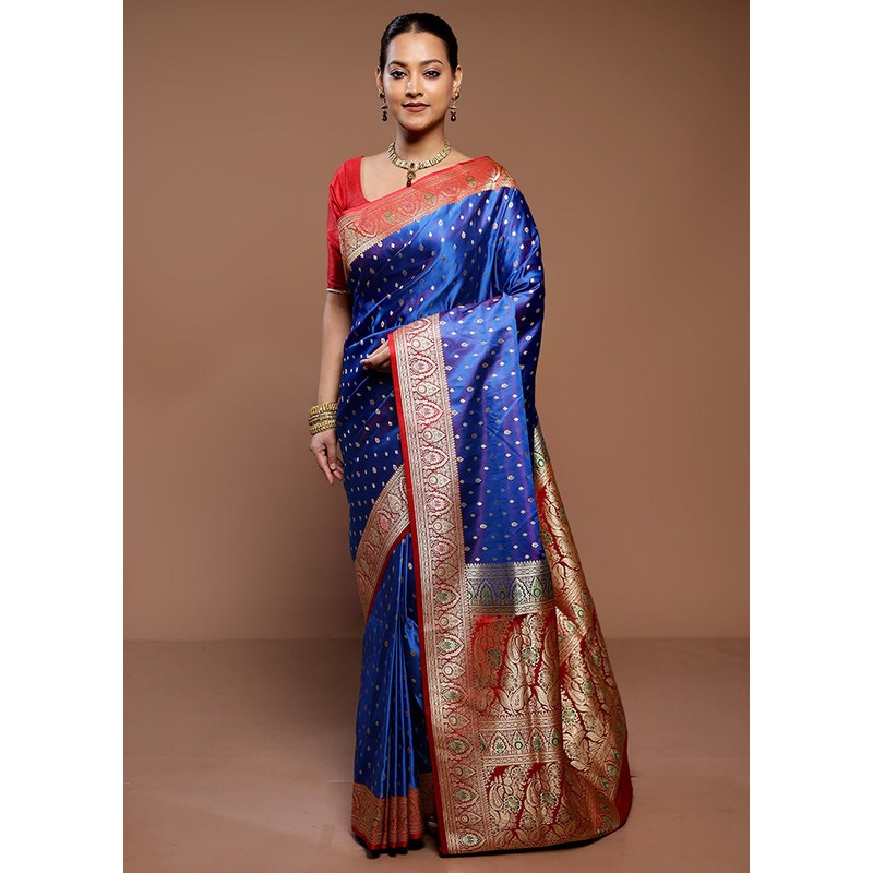 Blue Handloom Banarasi Pure Silk Saree With Blouse Piece - JD986589350