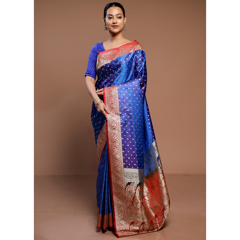 Blue Handloom Banarasi Pure Silk Saree With Blouse Piece - JD986589351