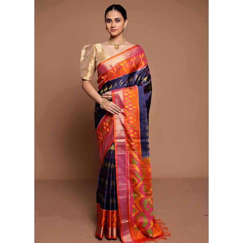 Blue Handloom Kanchipuram Pure Silk Saree With Blouse Piece - JD986589473
