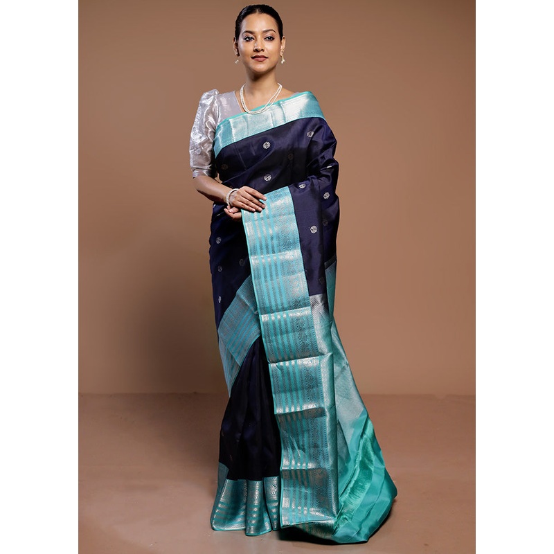 Blue Handloom Kanjivaram Pure Silk Saree With Blouse Piece - JD986589347