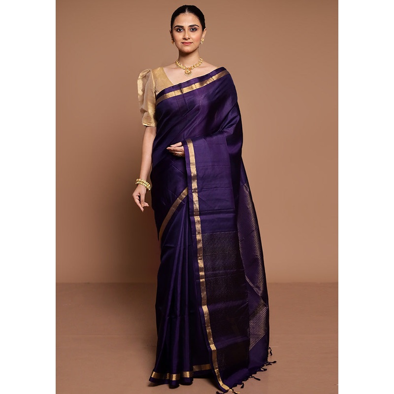 Blue Handloom Kanjivaram Pure Silk Saree With Blouse Piece - JD986589472