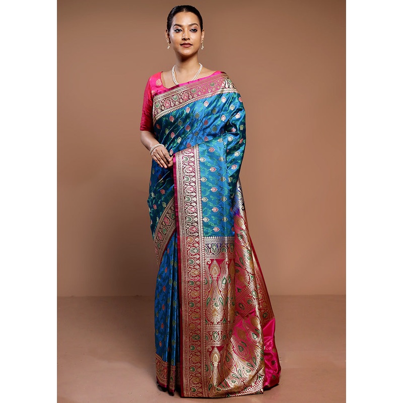 Blue Handloom Tanchoi Pure Silk Saree With Blouse Piece - JD986589346