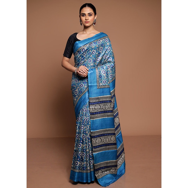 Blue Handloom Tussar Pure Silk Saree With Blouse Piece - JD986589471
