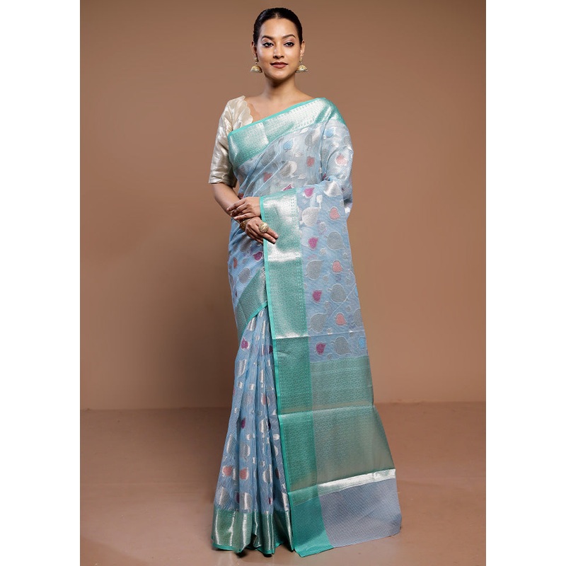 Blue Kota Cotton Saree With Blouse Piece - JD986589343
