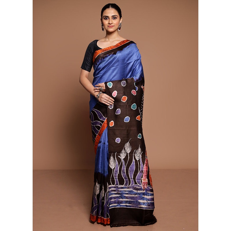 Blue Printed Pure Silk Saree Without Blouse Piece - JD986589464