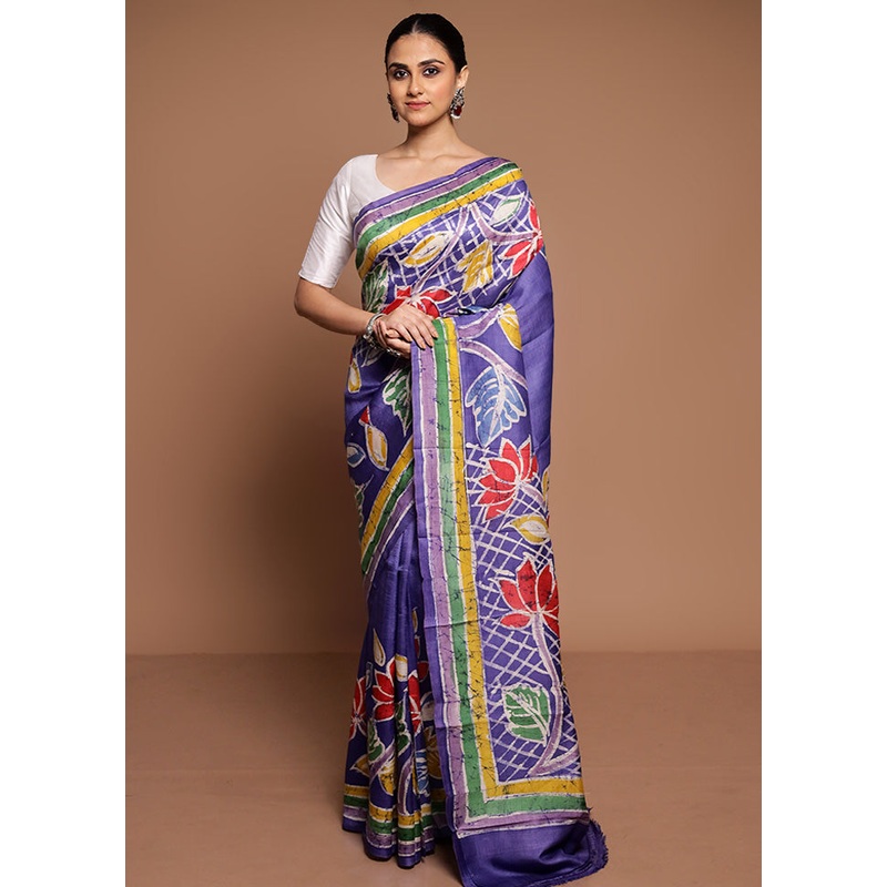 Blue Printed Pure Silk Saree Without Blouse Piece - JD986589465