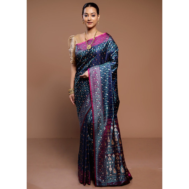 Blue Tanchoi Silk Saree With Blouse Piece - JD986589342