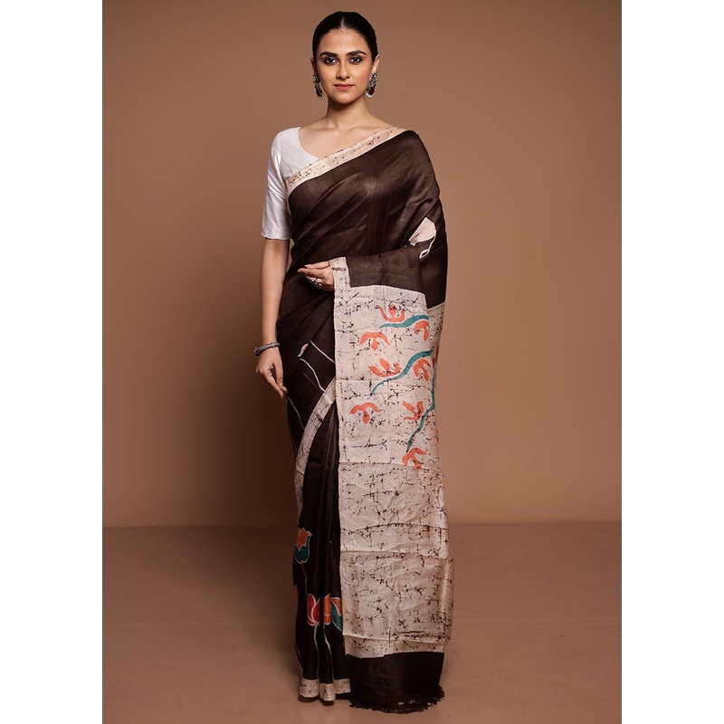 Brown Printed Pure Silk Saree Without Blouse Piece - JD986589463