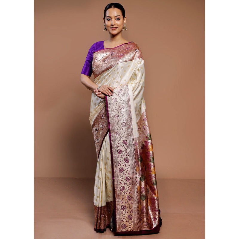 Cream Banarasi Silk Saree With Blouse Piece - JD986589338