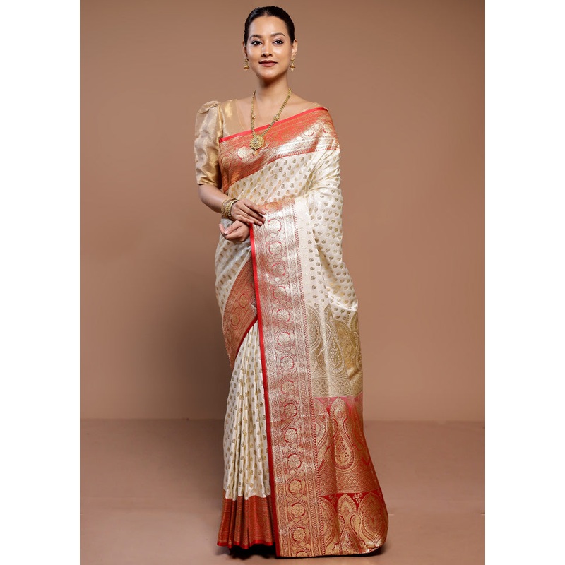 Cream Banarasi Silk Saree With Blouse Piece - JD986589339