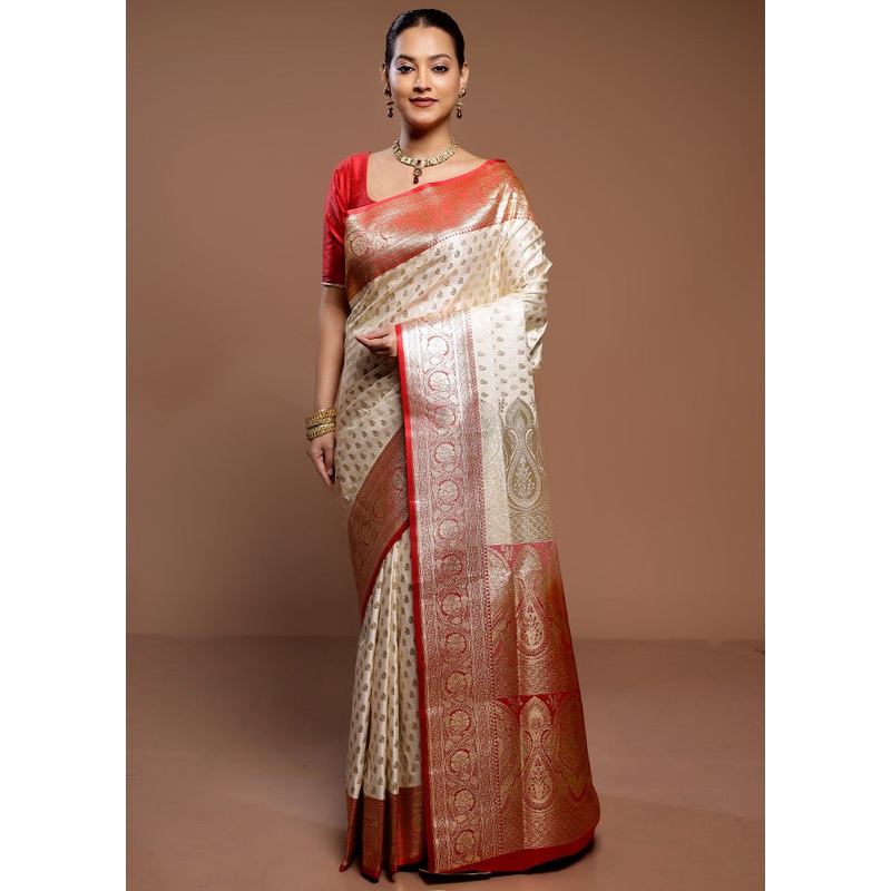 Cream Banarasi Silk Saree With Blouse Piece - JD986589340