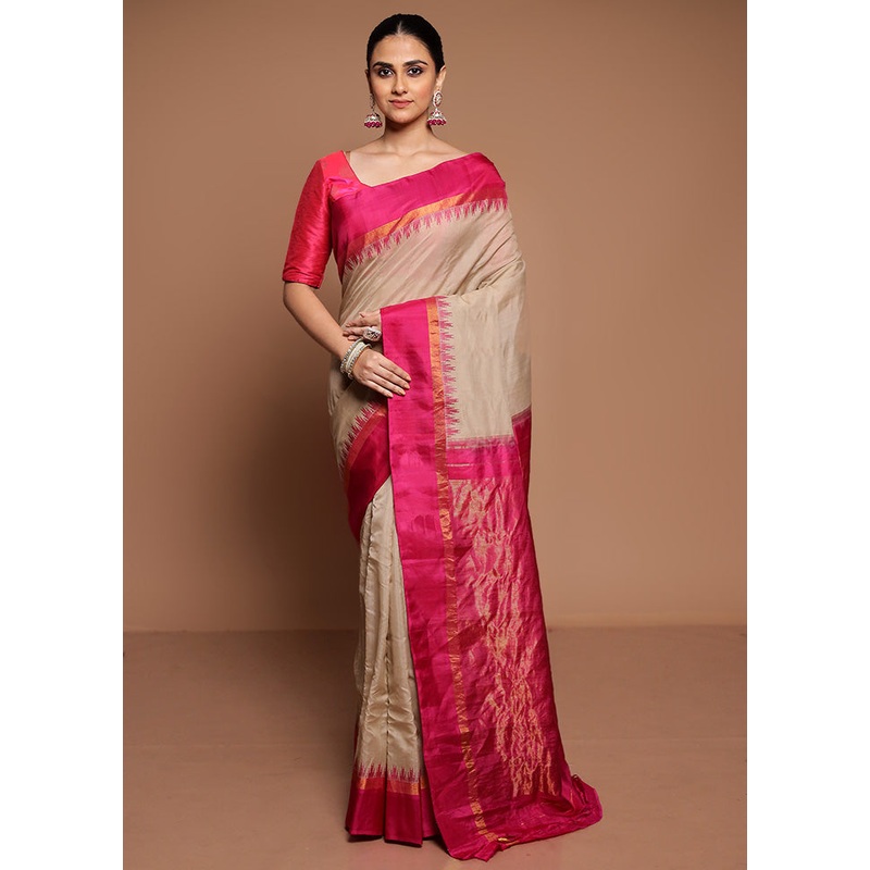 Cream Gadwal Pure Silk Saree Without Blouse Piece - JD986589461