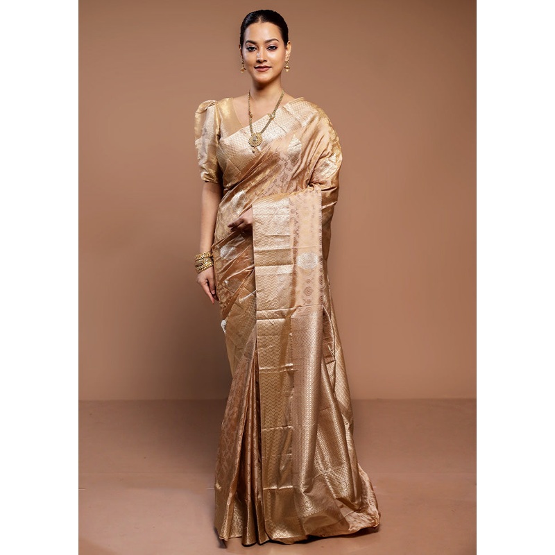 Cream Handloom Kanchipuram Pure Silk Saree With Blouse Piece - JD986589337