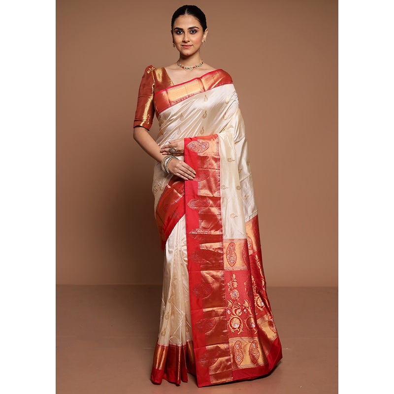 Cream Handloom Kanchipuram Pure Silk Saree With Blouse Piece - JD986589460
