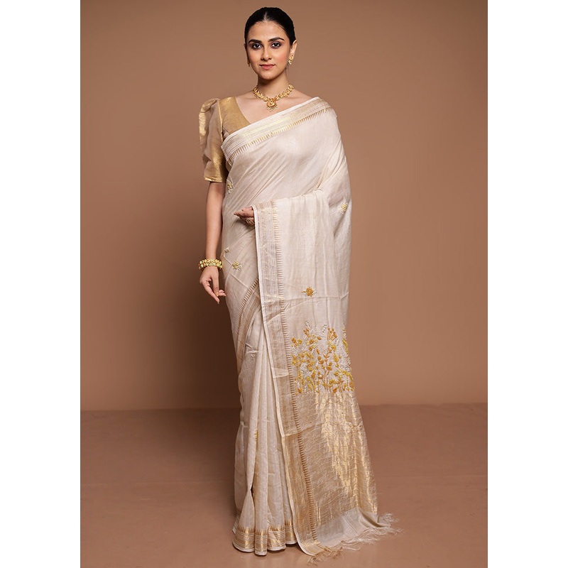 Cream Handloom Tussar Pure Silk Saree With Blouse Piece - JD986589458