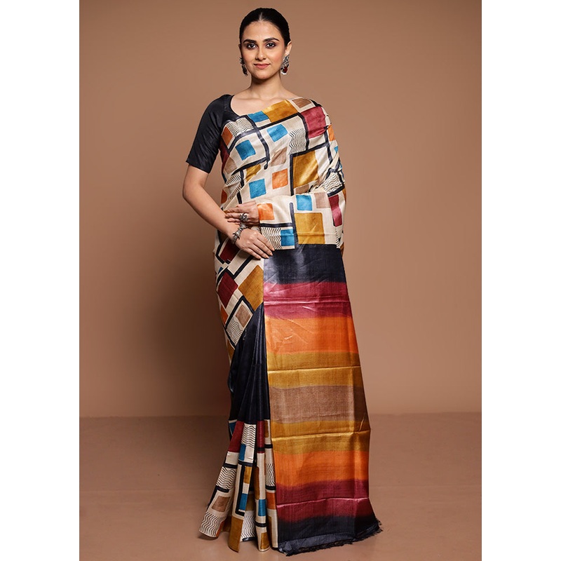 Cream Handloom Tussar Pure Silk Saree With Blouse Piece - JD986589459