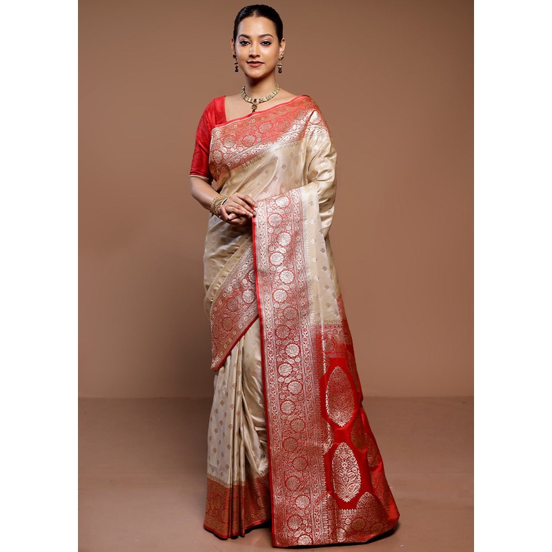 Cream Katan Silk Saree With Blouse Piece - JD986589336