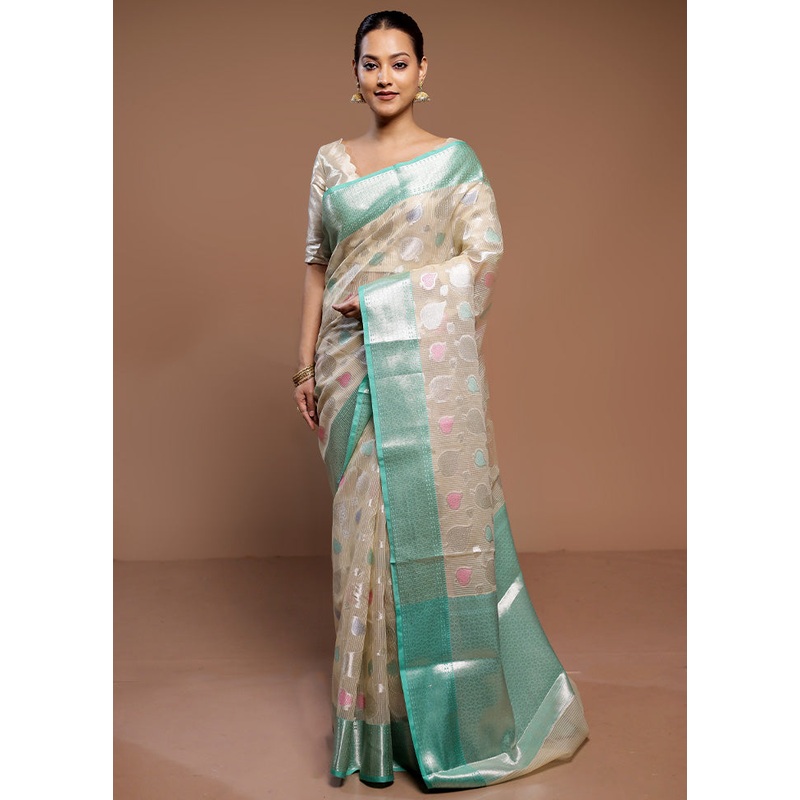 Cream Kota Cotton Saree With Blouse Piece - JD986589335