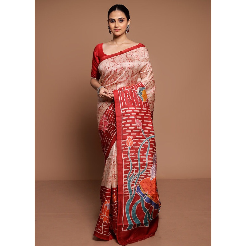 Cream Printed Pure Silk Saree Without Blouse Piece - JD986589457
