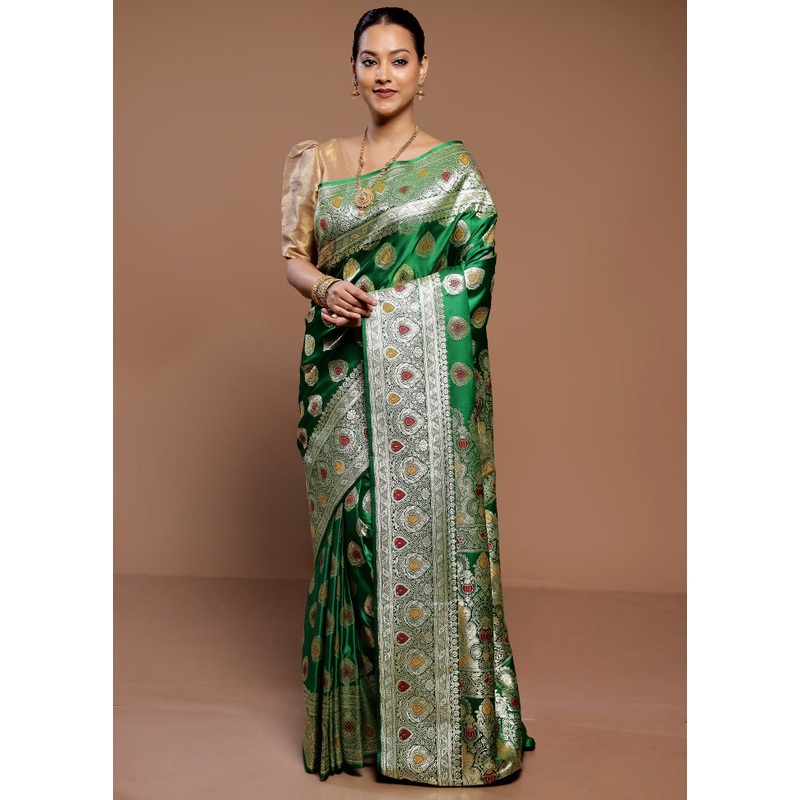 Green Banarasi Silk Saree With Blouse Piece - JD986589331