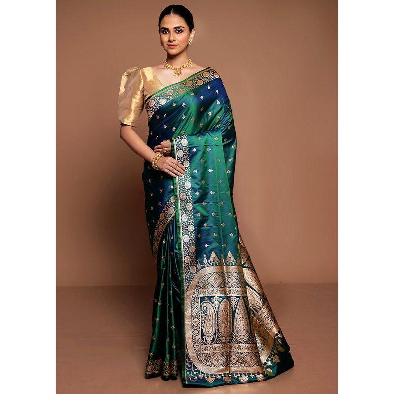 Green Banarasi Silk Saree With Blouse Piece - JD986589455