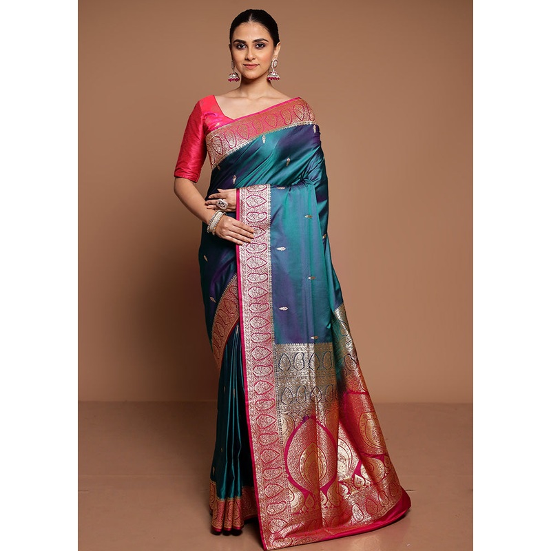 Green Banarasi Silk Saree With Blouse Piece - JD986589456