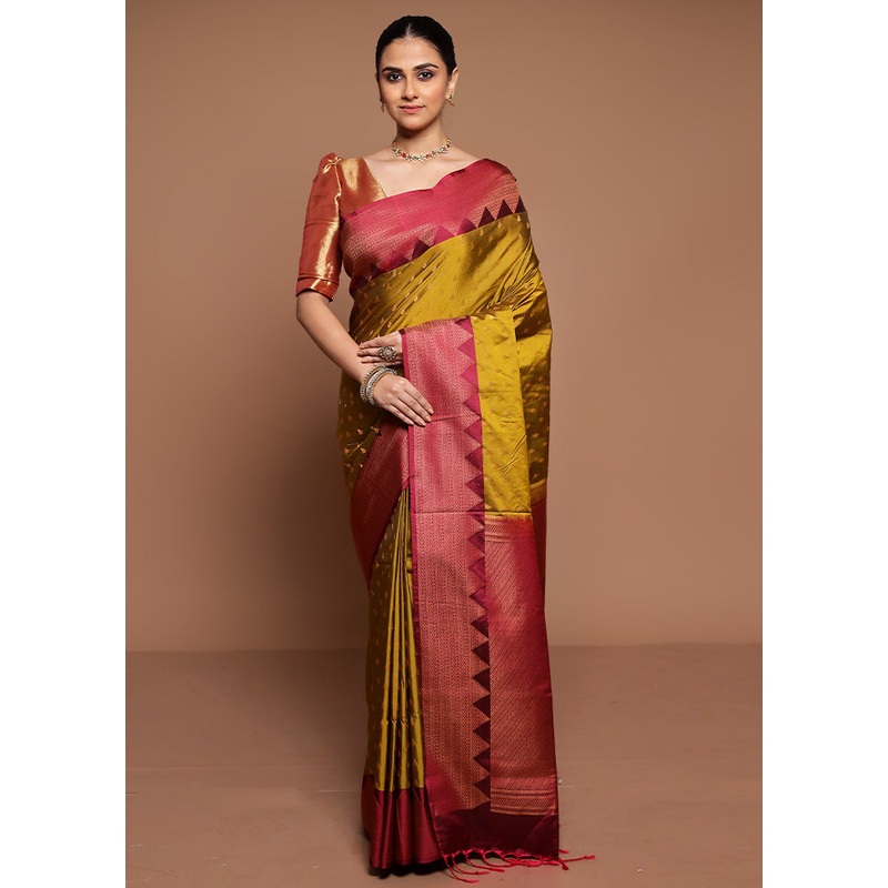 Green Dupion Silk Saree With Blouse Piece - JD986589450