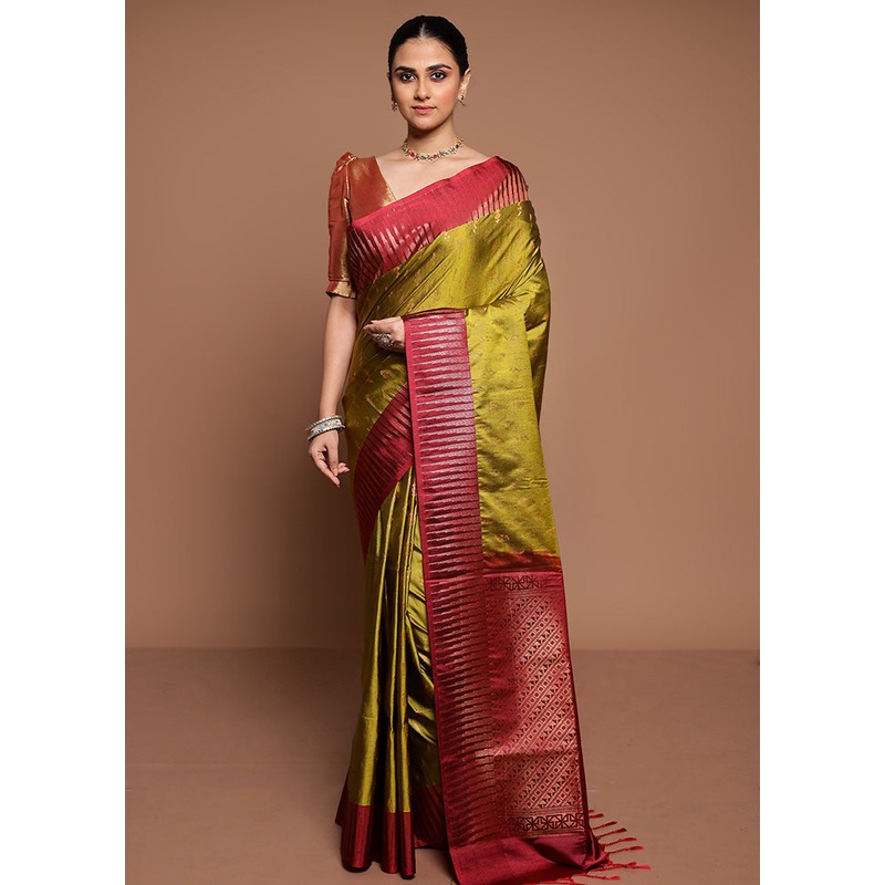 Green Dupion Silk Saree With Blouse Piece - JD986589451