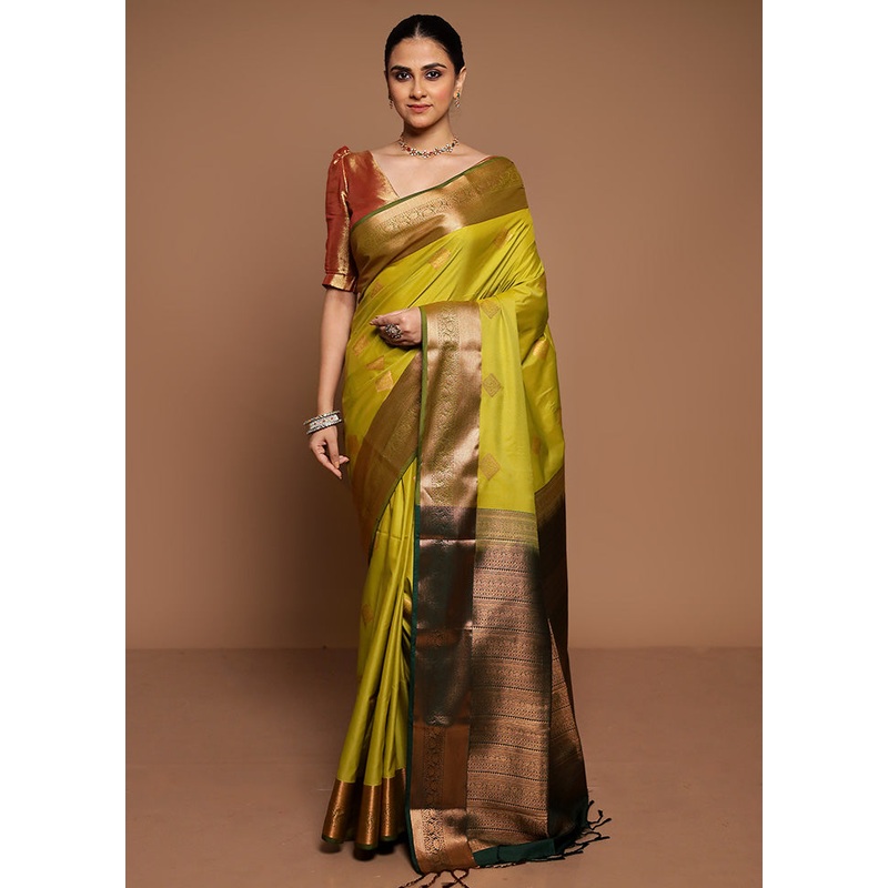 Green Dupion Silk Saree With Blouse Piece - JD986589452