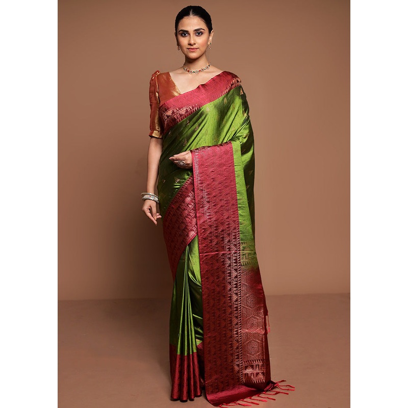 Green Dupion Silk Saree With Blouse Piece - JD986589453