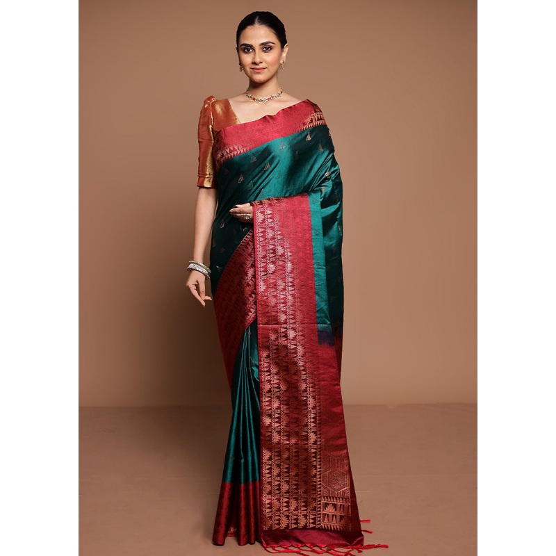 Green Dupion Silk Saree With Blouse Piece - JD986589454