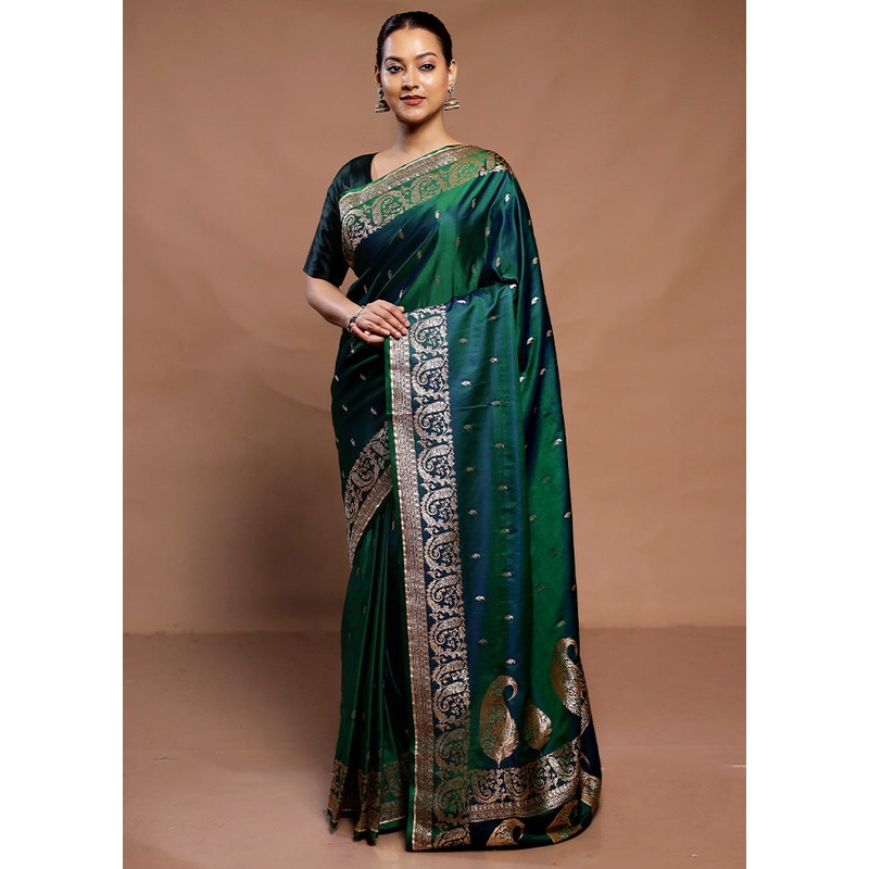 Green Handloom Banarasi Pure Silk Saree With Blouse Piece - JD986589327