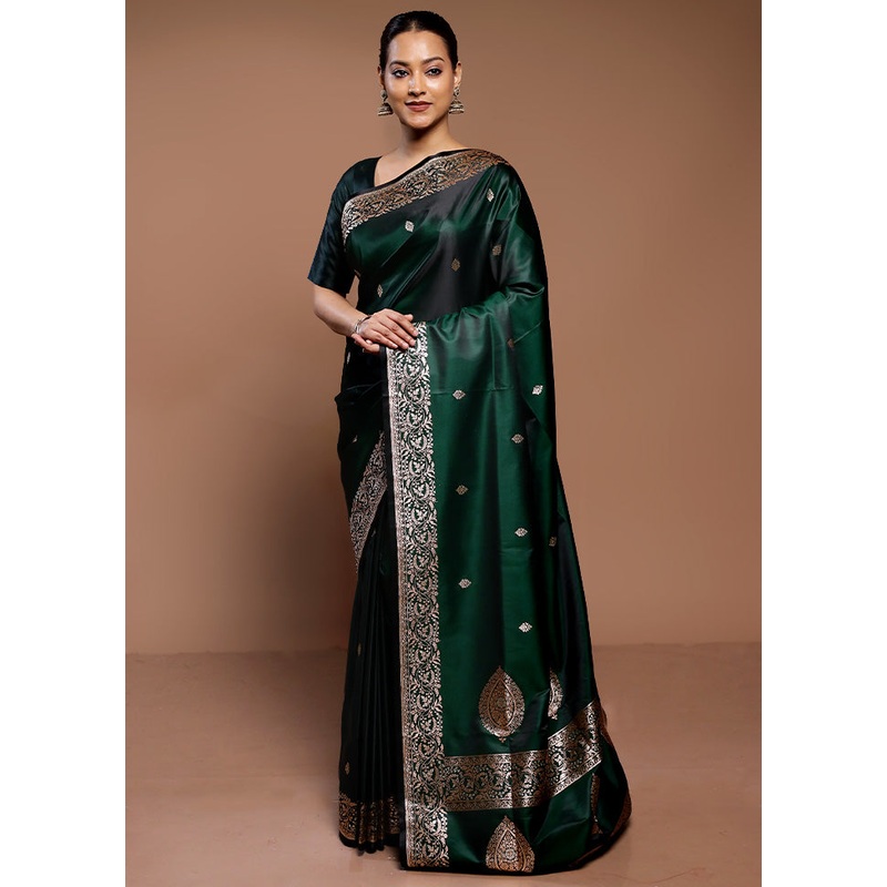 Green Handloom Banarasi Pure Silk Saree With Blouse Piece - JD986589328